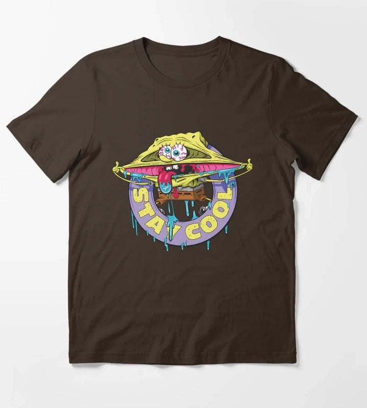Spongebob Squarepants Stay Cool Drippy Logo T-Shirt Brown