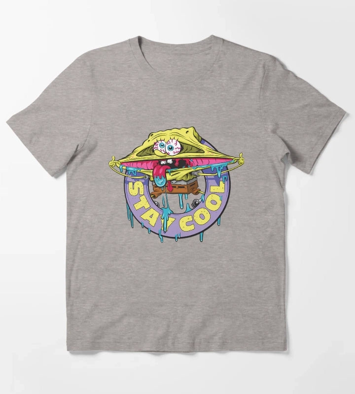 Spongebob Squarepants Stay Cool Drippy Logo T-Shirt Heather Grey