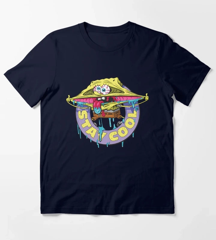 Spongebob Squarepants Stay Cool Drippy Logo T-Shirt Navy