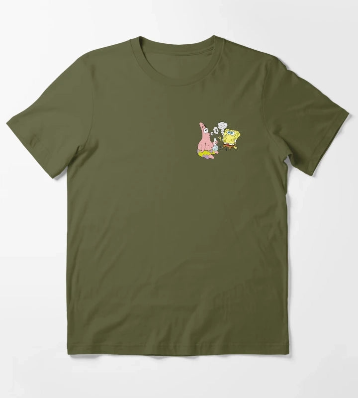 Spongebob and Patrick Smoking Weed Cannabis Cartoon Art T-Shirt Olive Green