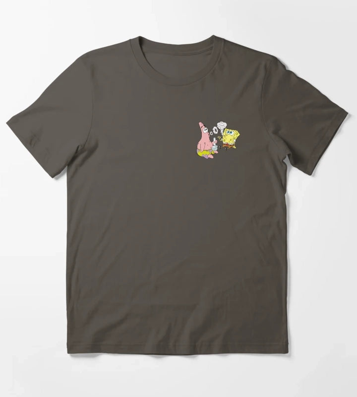Spongebob and Patrick Smoking Weed Cannabis Cartoon Art T-Shirt Dark Grey