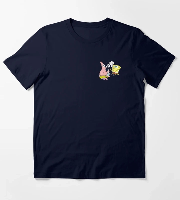 Spongebob and Patrick Smoking Weed Cannabis Cartoon Art T-Shirt Navy