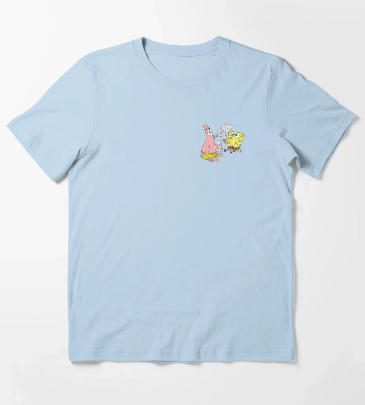 Spongebob and Patrick Smoking Weed Cannabis Cartoon Art T-Shirt Sky Blue