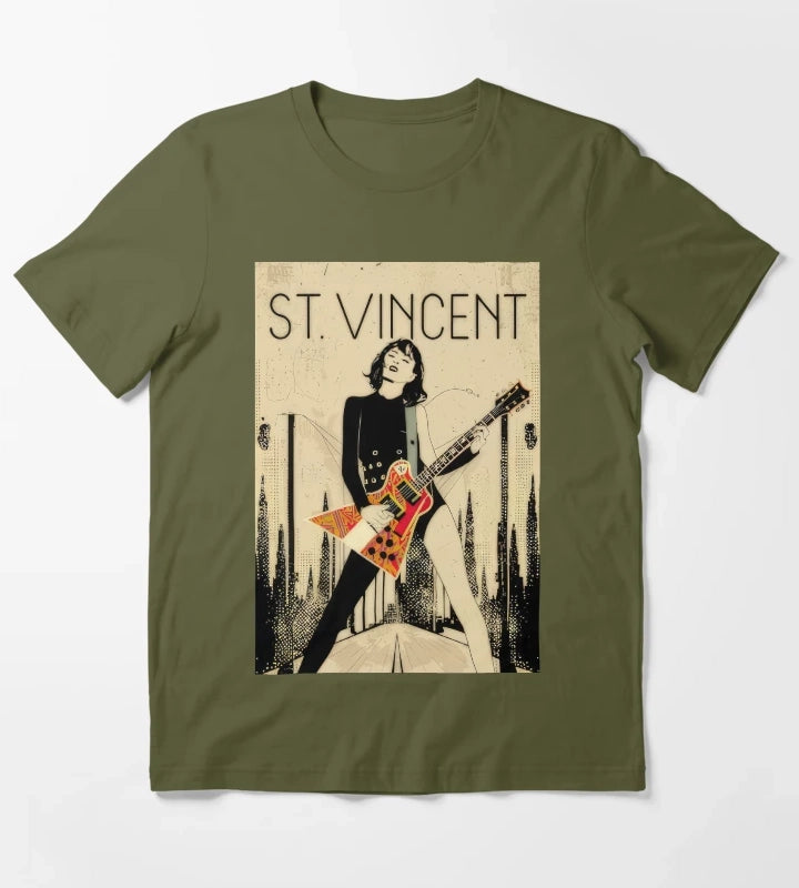 St Vincent Annie Clark Inspired Art Decore T-Shirt Olive Green