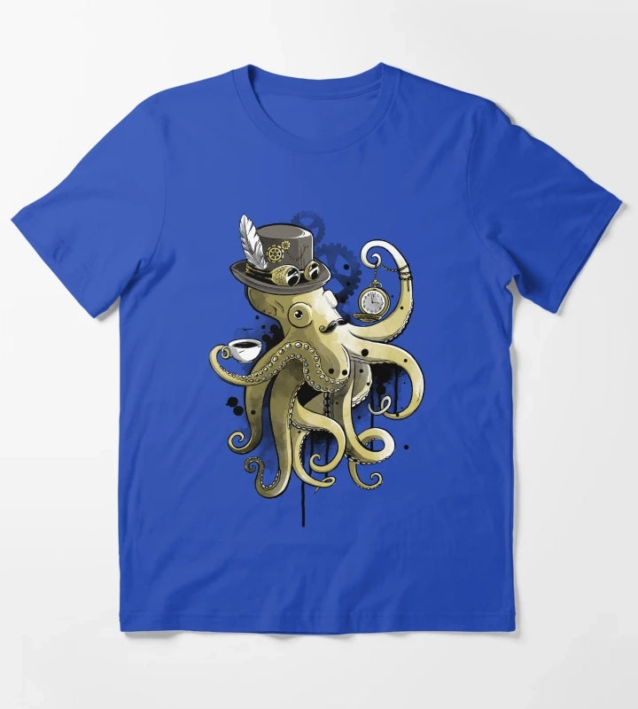 Steampunk octopus gold watercolor T-Shirt Blue
