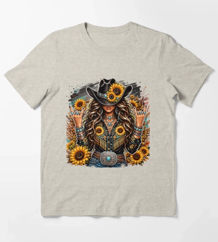 Sunflower Cowgirl Western Boho Boutique T-Shirt Cream