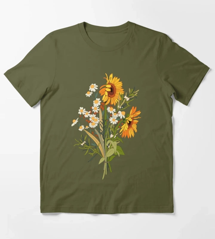 Sunflower and daisy T-Shirt Olive Green
