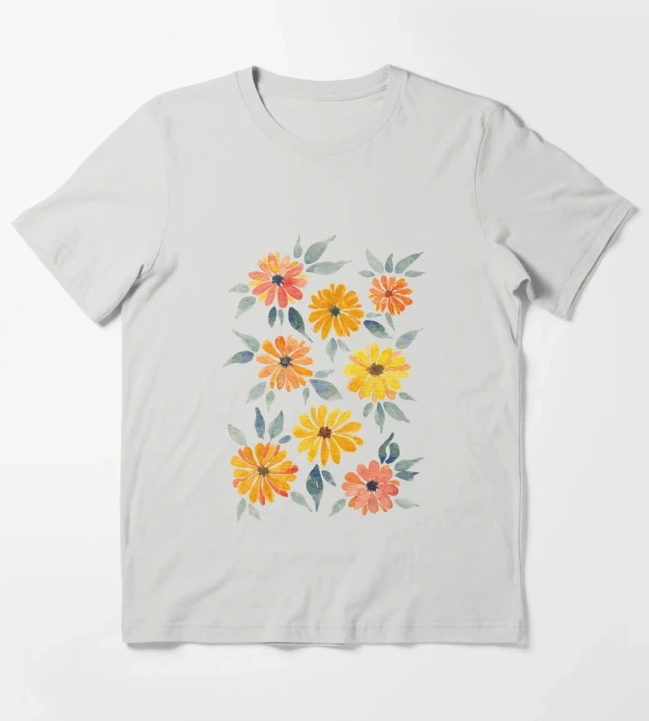 Sunset Watercolour Daisies T-Shirt Light Grey