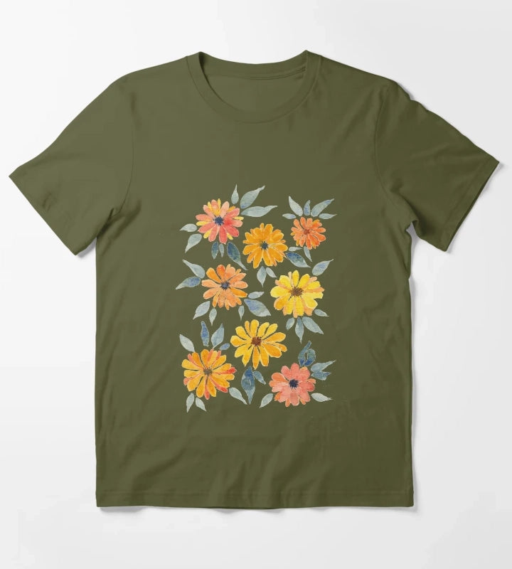 Sunset Watercolour Daisies T-Shirt Olive Green