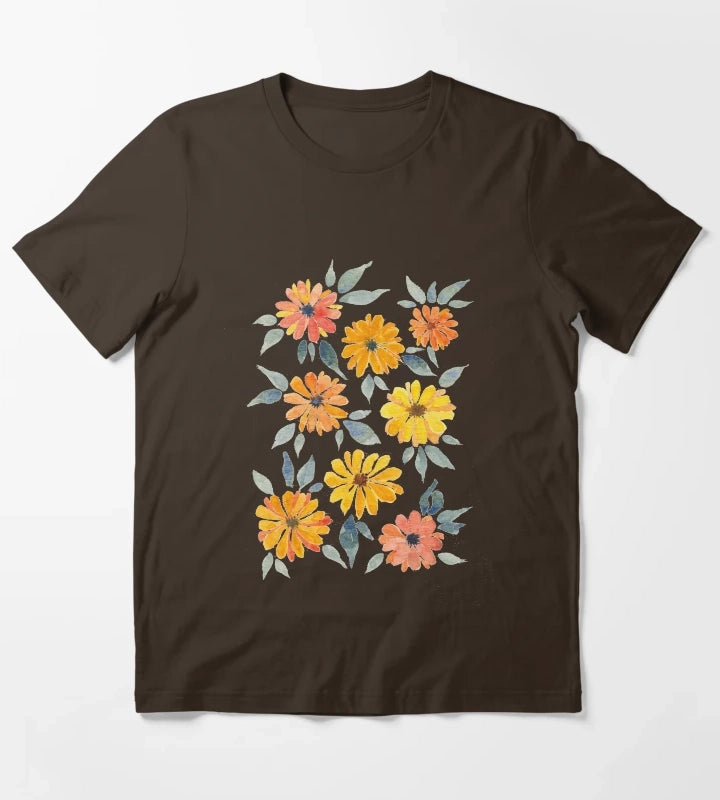 Sunset Watercolour Daisies T-Shirt Brown