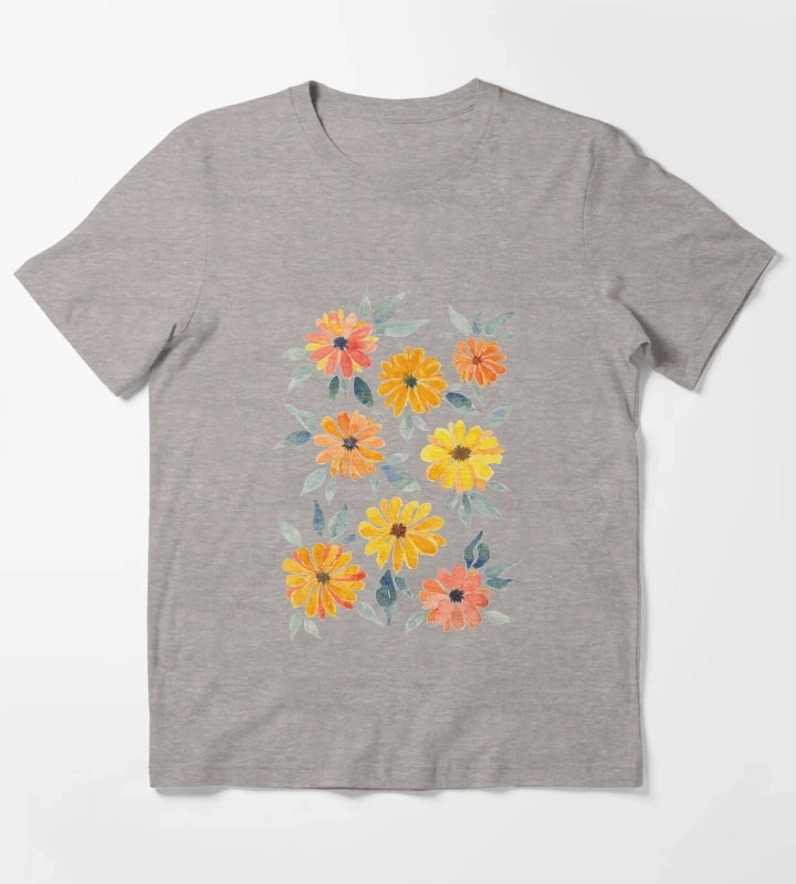 Sunset Watercolour Daisies T-Shirt Heather Grey
