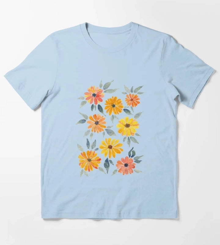 Sunset Watercolour Daisies T-Shirt Sky Blue