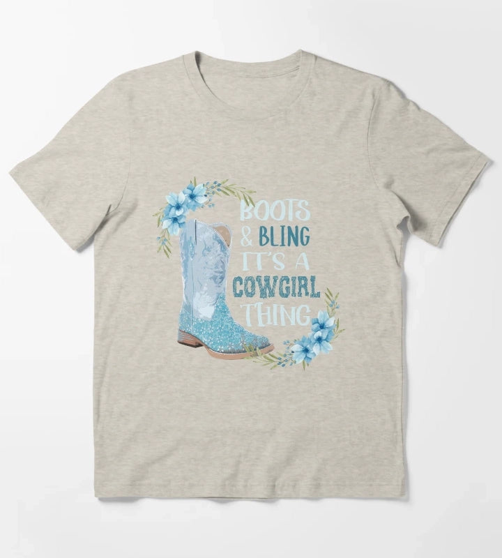 Teal Boots and Bling Cowgirl with Flowers T-Shirt Cream