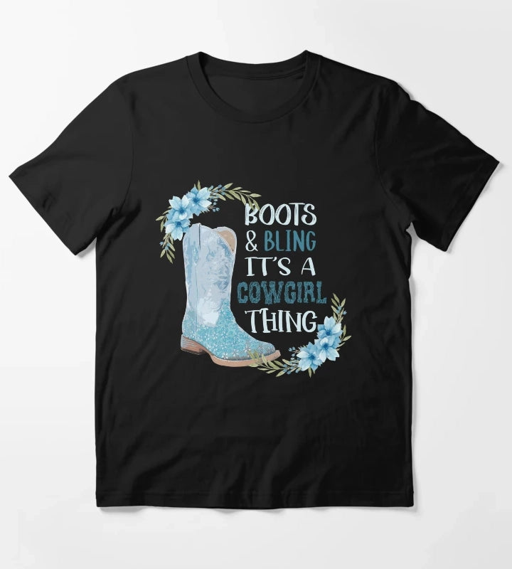 Teal Boots and Bling Cowgirl with Flowers T-Shirt
