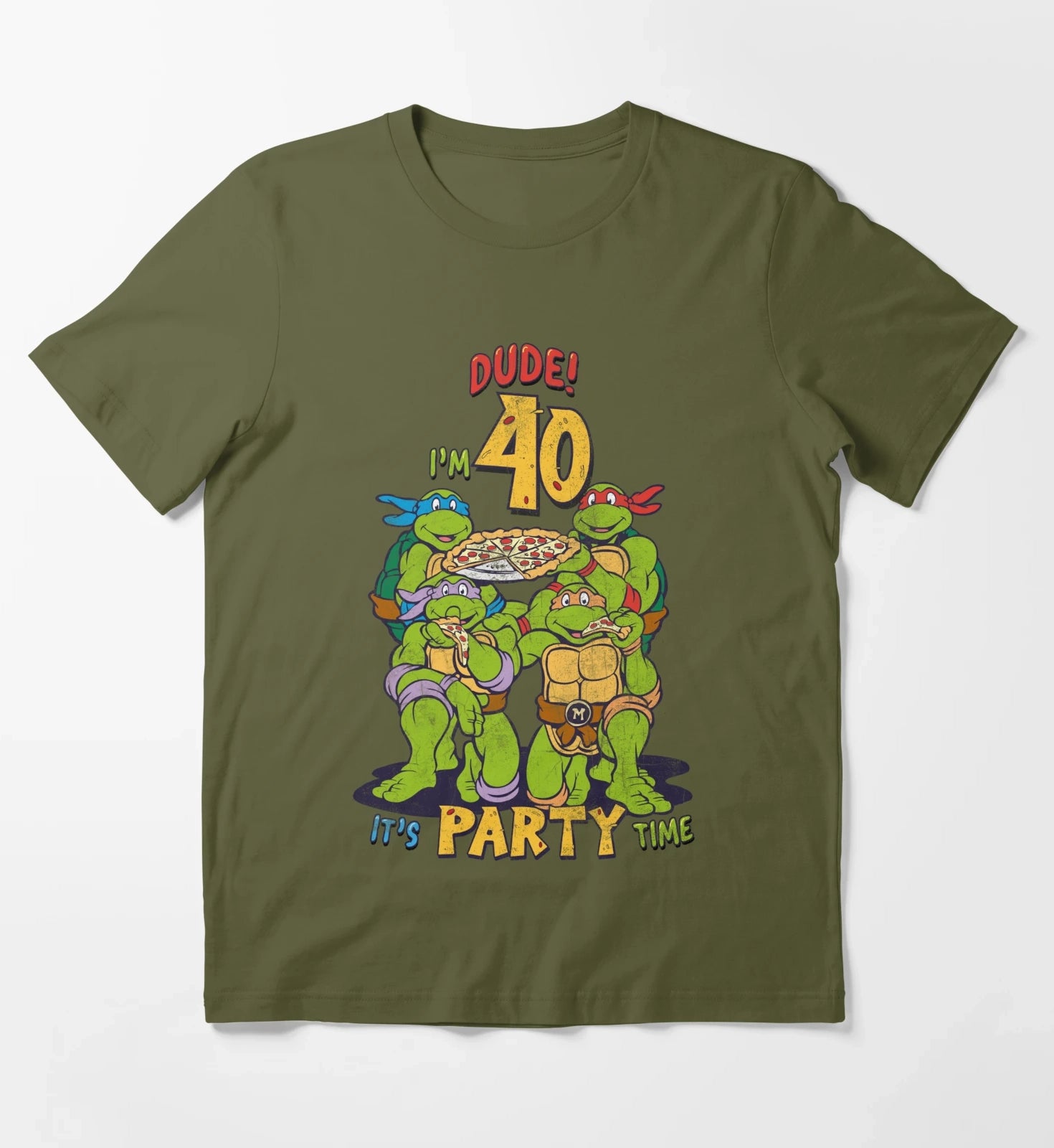 Teenage Mutant Ninja Turtles 40th Birthday Pizza Party T-Shirt Olive Green