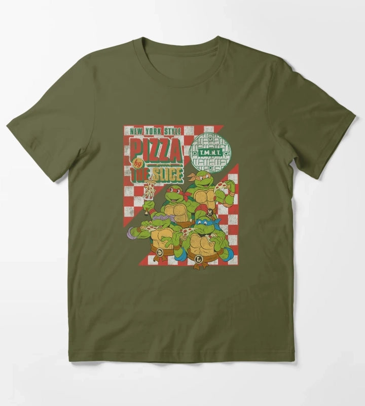 Teenage Mutant Ninja Turtles Pizza By The Slice Vintage Logo T-Shirt Olive Green