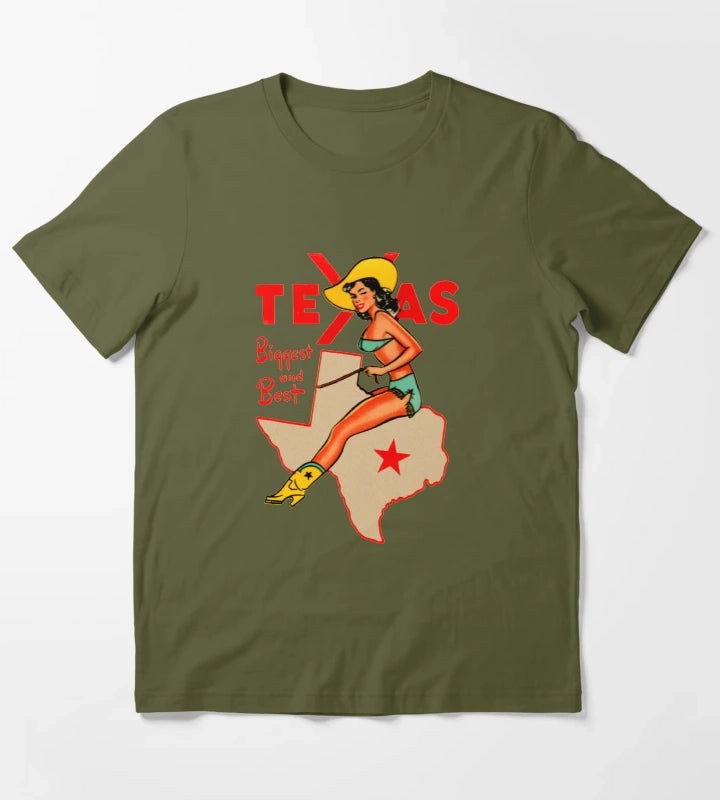 Texas Pinup Vintage Travel Decal T-Shirt Olive Green