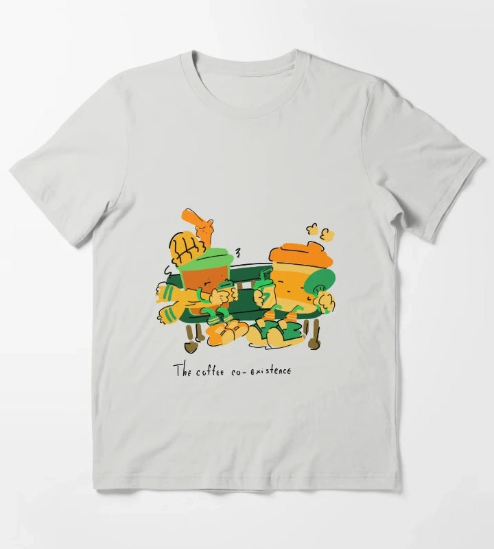 The Coffee Coexistence Cute Illustration T-Shirt Light Grey