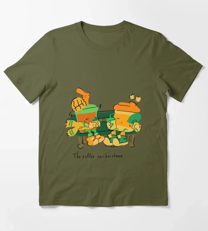 The Coffee Coexistence Cute Illustration T-Shirt Olive Green