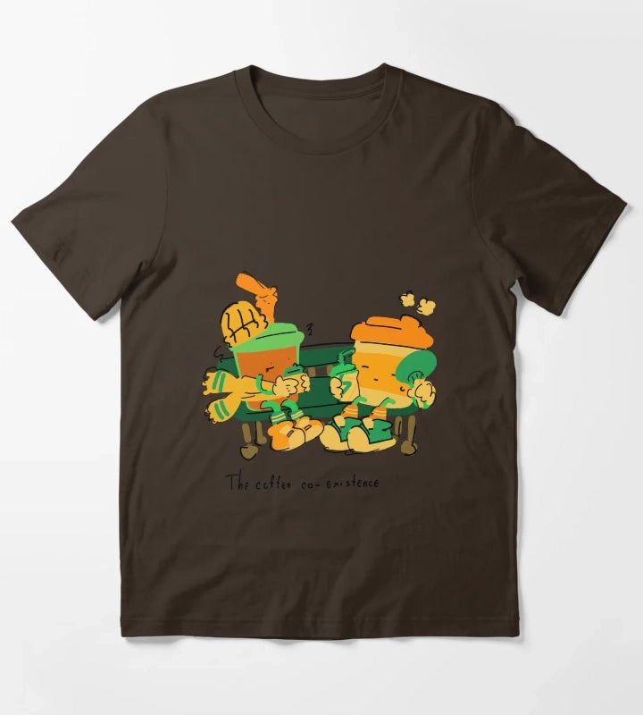 The Coffee Coexistence Cute Illustration T-Shirt Brown