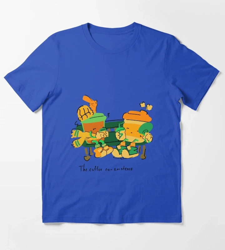 The Coffee Coexistence Cute Illustration T-Shirt Blue