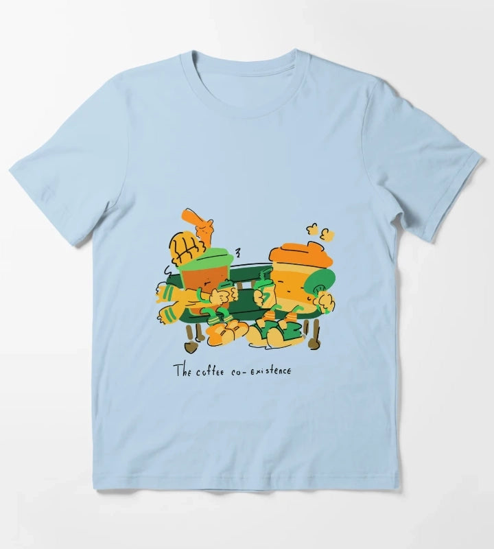 The Coffee Coexistence Cute Illustration T-Shirt Sky Blue
