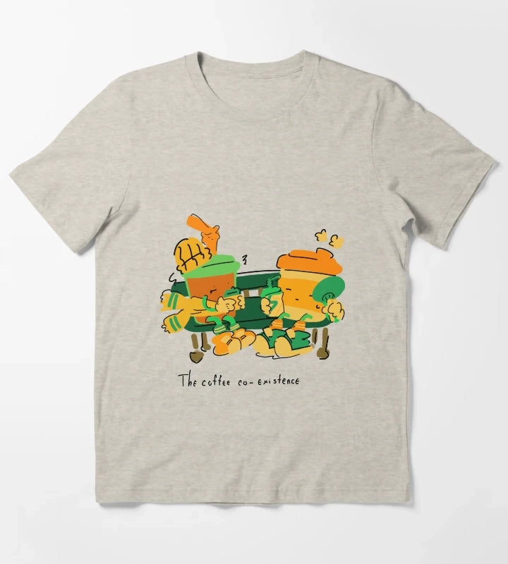 The Coffee Coexistence Cute Illustration T-Shirt Cream