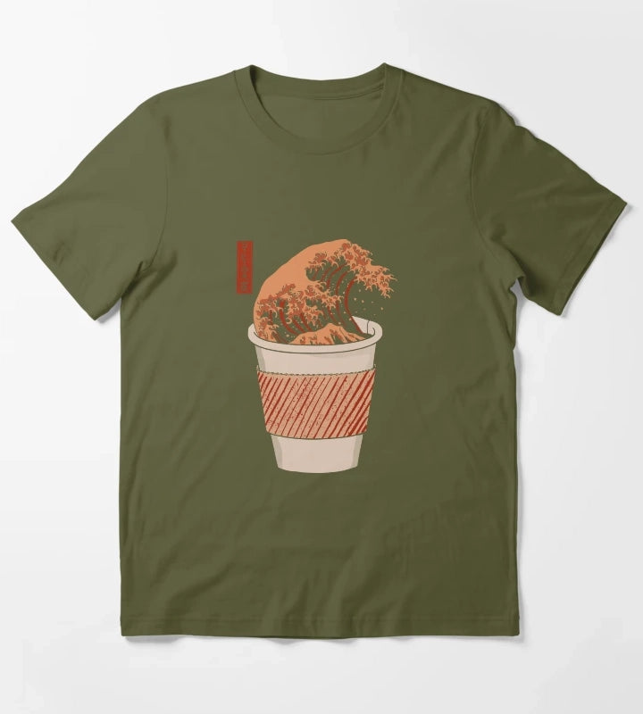 The Great Wave of Coffee to go T-Shirt Olive Green
