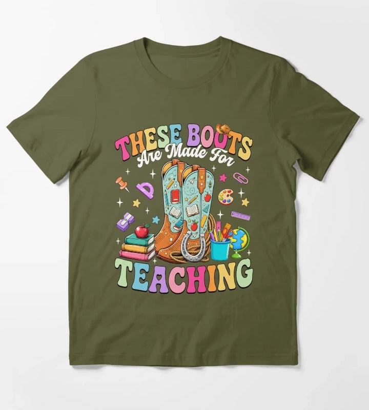 These Boots Are Made For Teaching Retro Cowgirl T-Shirt Olive Green