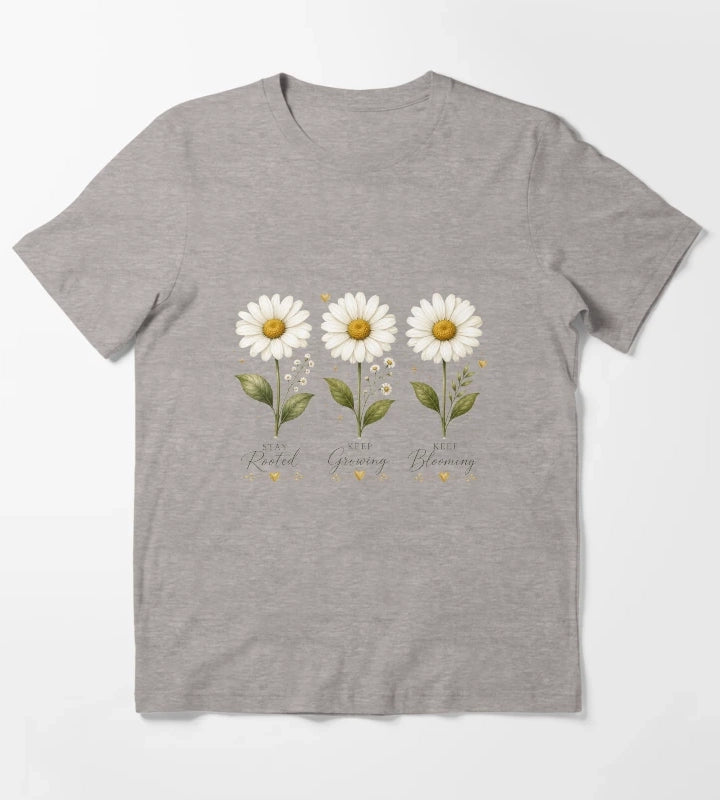 Three Daisy Flowers Minimal Floral Illustration T-Shirt Heather Grey