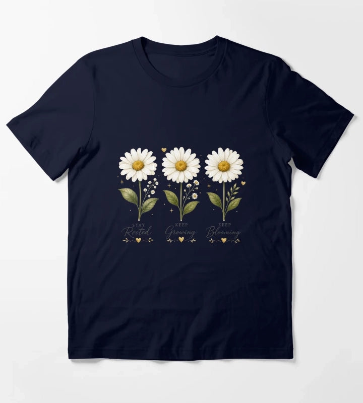 Three Daisy Flowers Minimal Floral Illustration T-Shirt Navy