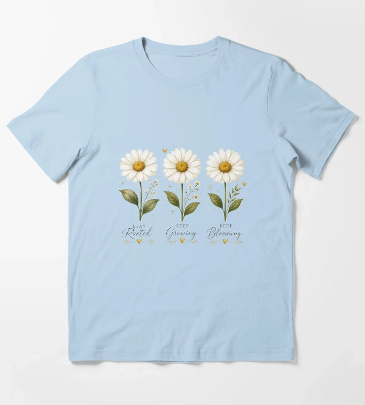 Three Daisy Flowers Minimal Floral Illustration T-Shirt Sky Blue