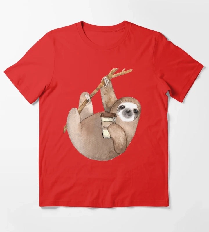 Three Toed Sloth Just Hangin Out Enjoying a Coffee T-Shirt Red