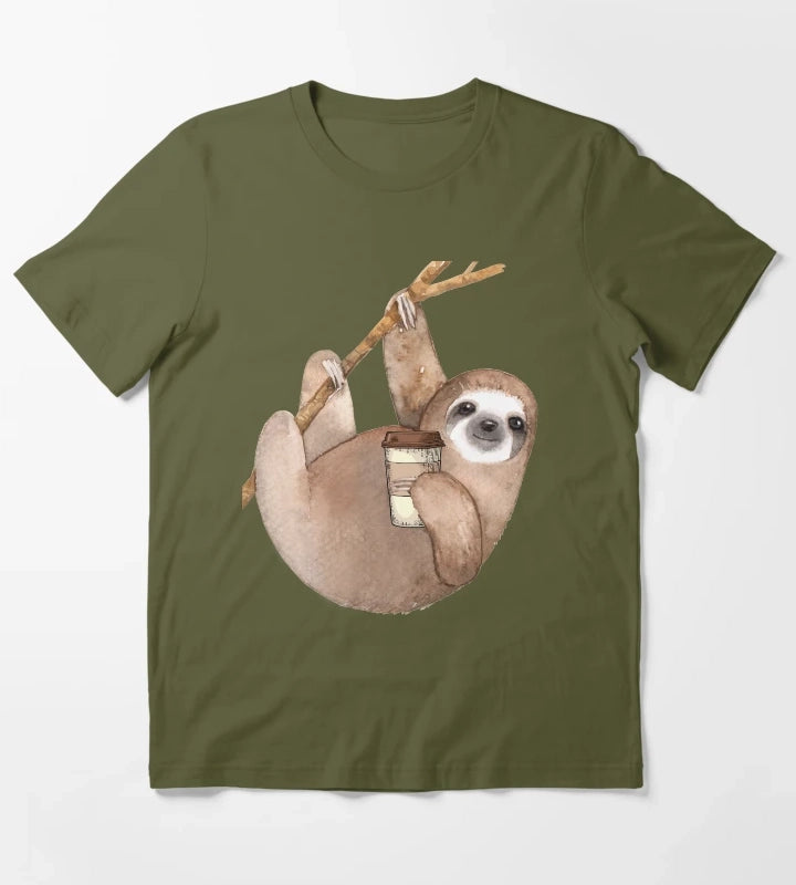 Three Toed Sloth Just Hangin Out Enjoying a Coffee T-Shirt Olive Green