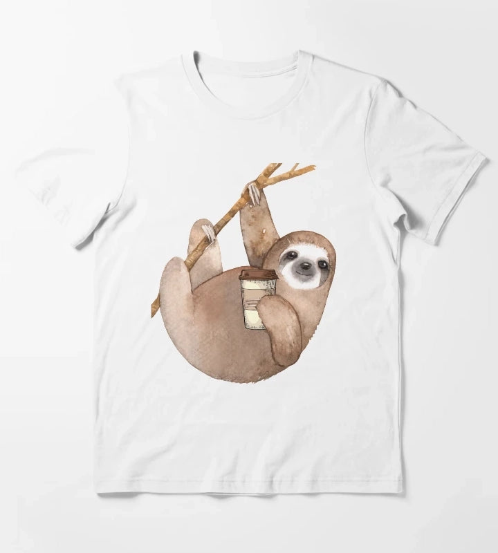 Three Toed Sloth Just Hangin Out Enjoying a Coffee T-Shirt White