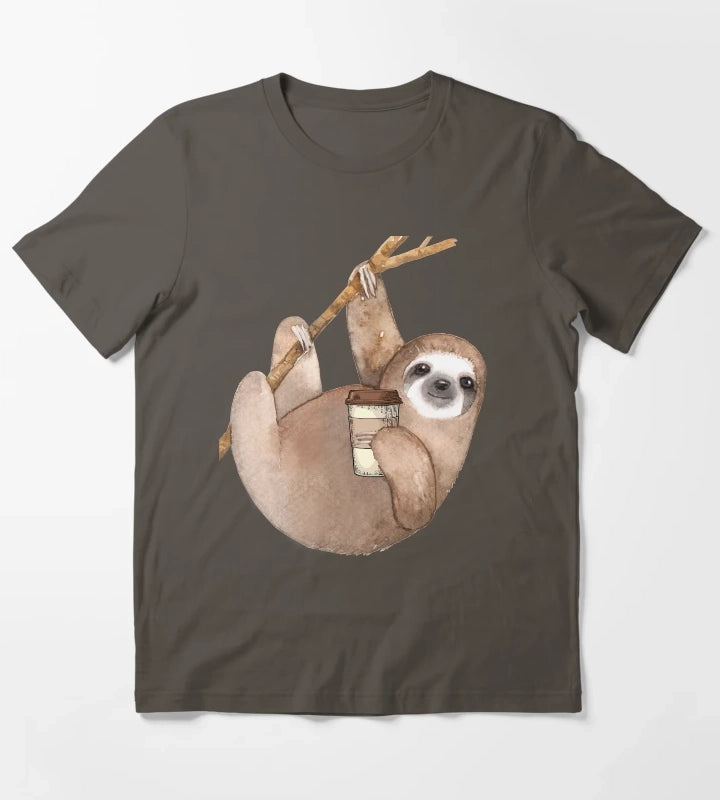 Three Toed Sloth Just Hangin Out Enjoying a Coffee T-Shirt Dark Grey