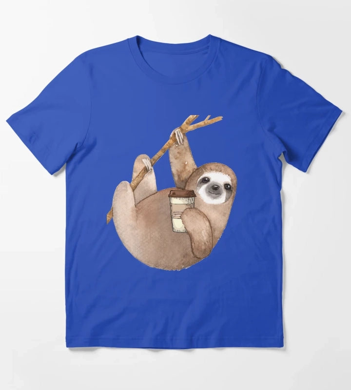 Three Toed Sloth Just Hangin Out Enjoying a Coffee T-Shirt Blue