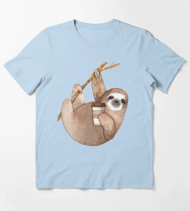 Three Toed Sloth Just Hangin Out Enjoying a Coffee T-Shirt Sky Blue