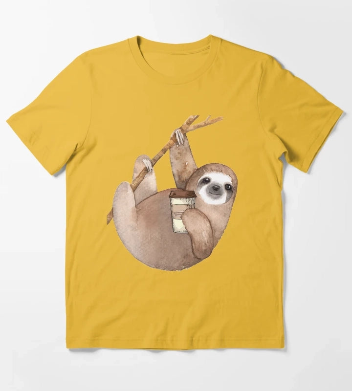 Three Toed Sloth Just Hangin Out Enjoying a Coffee T-Shirt Yellow