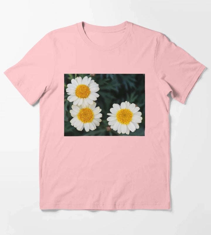Three White Daisies With Bright Yellow Centers CloseUp On Dark Green Foliage Background T-Shirt Dark Grey