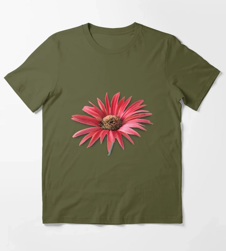 Tilted Red Daisy T-Shirt Olive Green
