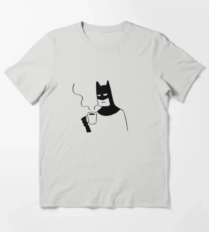 Tired Superhero Coffee Doodle Funny Bat Minimalist Illustration WFH Aesthetic Sarcastic Mornings Sticker T-Shirt Light Grey