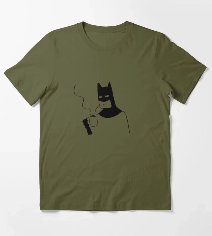 Tired Superhero Coffee Doodle Funny Bat Minimalist Illustration WFH Aesthetic Sarcastic Mornings Sticker T-Shirt Olive Green