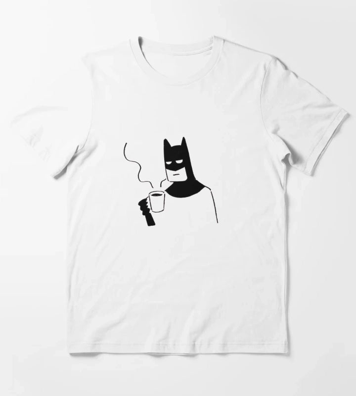 Tired Superhero Coffee Doodle Funny Bat Minimalist Illustration WFH Aesthetic Sarcastic Mornings Sticker T-Shirt White