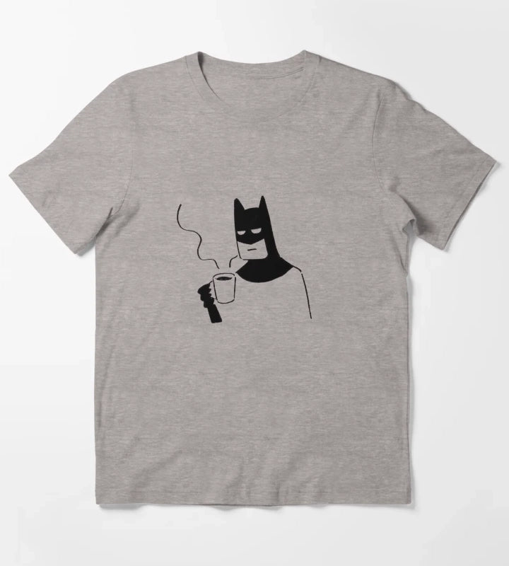 Tired Superhero Coffee Doodle Funny Bat Minimalist Illustration WFH Aesthetic Sarcastic Mornings Sticker T-Shirt Heather Grey