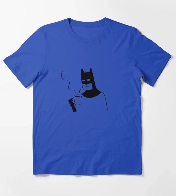 Tired Superhero Coffee Doodle Funny Bat Minimalist Illustration WFH Aesthetic Sarcastic Mornings Sticker T-Shirt Blue