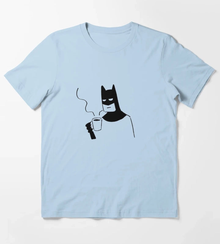 Tired Superhero Coffee Doodle Funny Bat Minimalist Illustration WFH Aesthetic Sarcastic Mornings Sticker T-Shirt Sky Blue