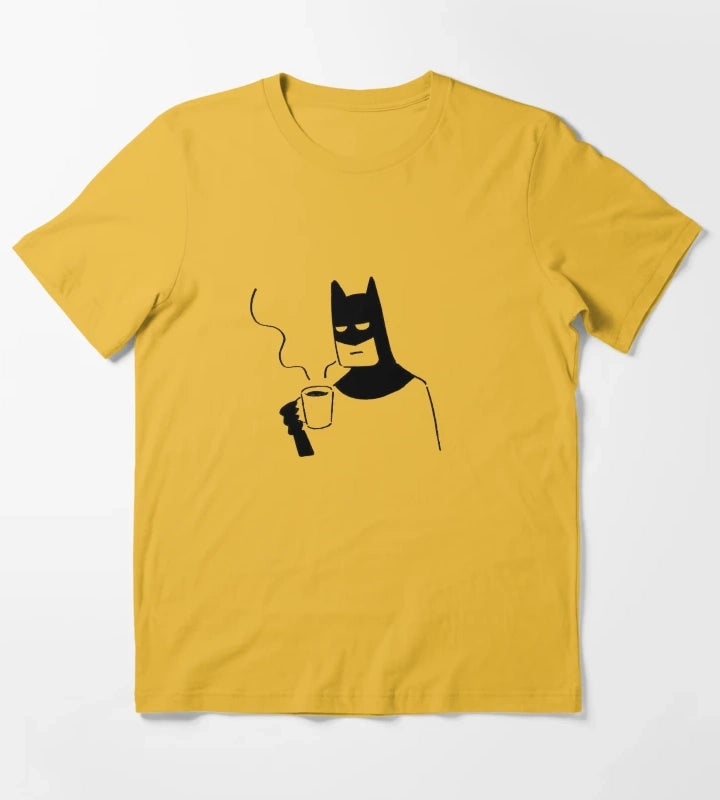 Tired Superhero Coffee Doodle Funny Bat Minimalist Illustration WFH Aesthetic Sarcastic Mornings Sticker T-Shirt Yellow