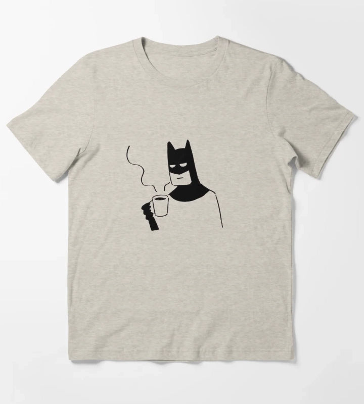Tired Superhero Coffee Doodle Funny Bat Minimalist Illustration WFH Aesthetic Sarcastic Mornings Sticker T-Shirt Cream