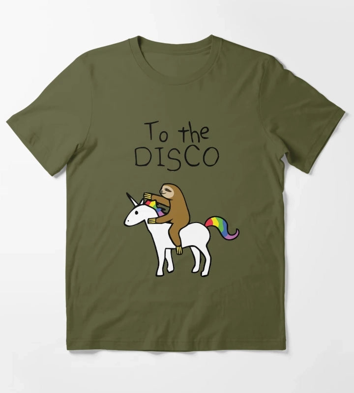 To The Disco Sloth Riding Unicorn T-Shirt Olive Green